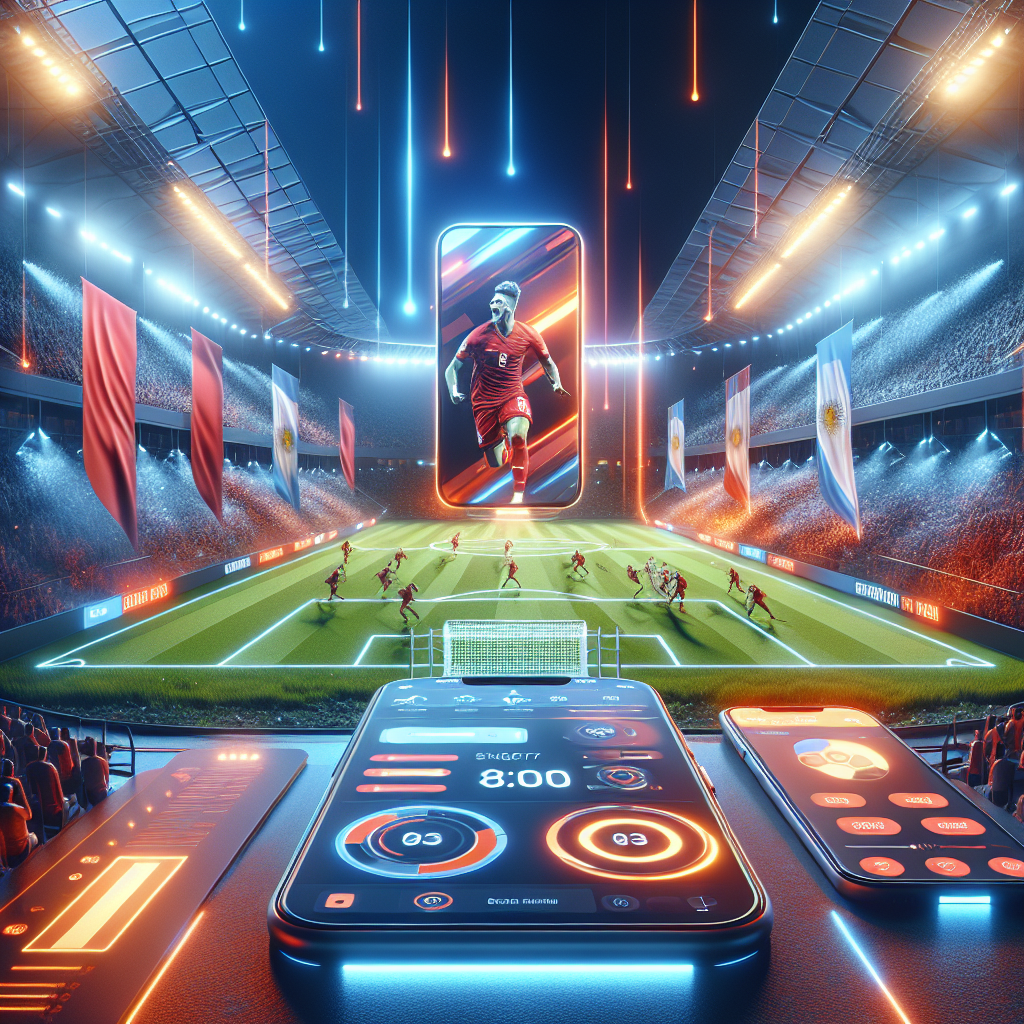 Banner con dispositivos móviles mostrando BetWarrior App frente a un estadio deportivo argentino