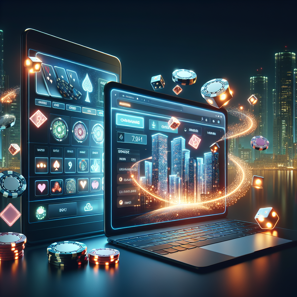 Casino online moderno con chips, dados y ciudad de Buenos Aires al fondo, ideal para apuestas online