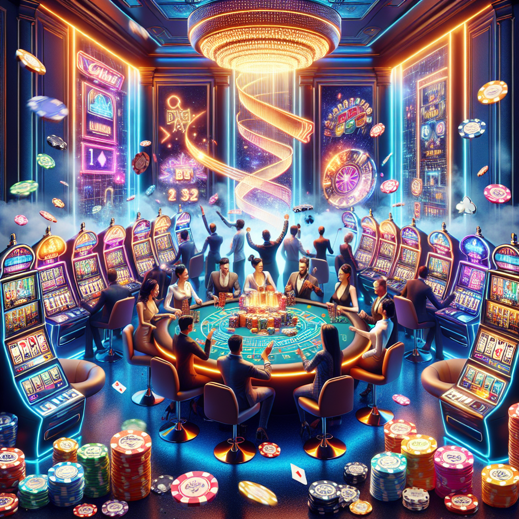 Ambiente animado de un casino online moderno con tragamonedas y mesas en Betwarrior