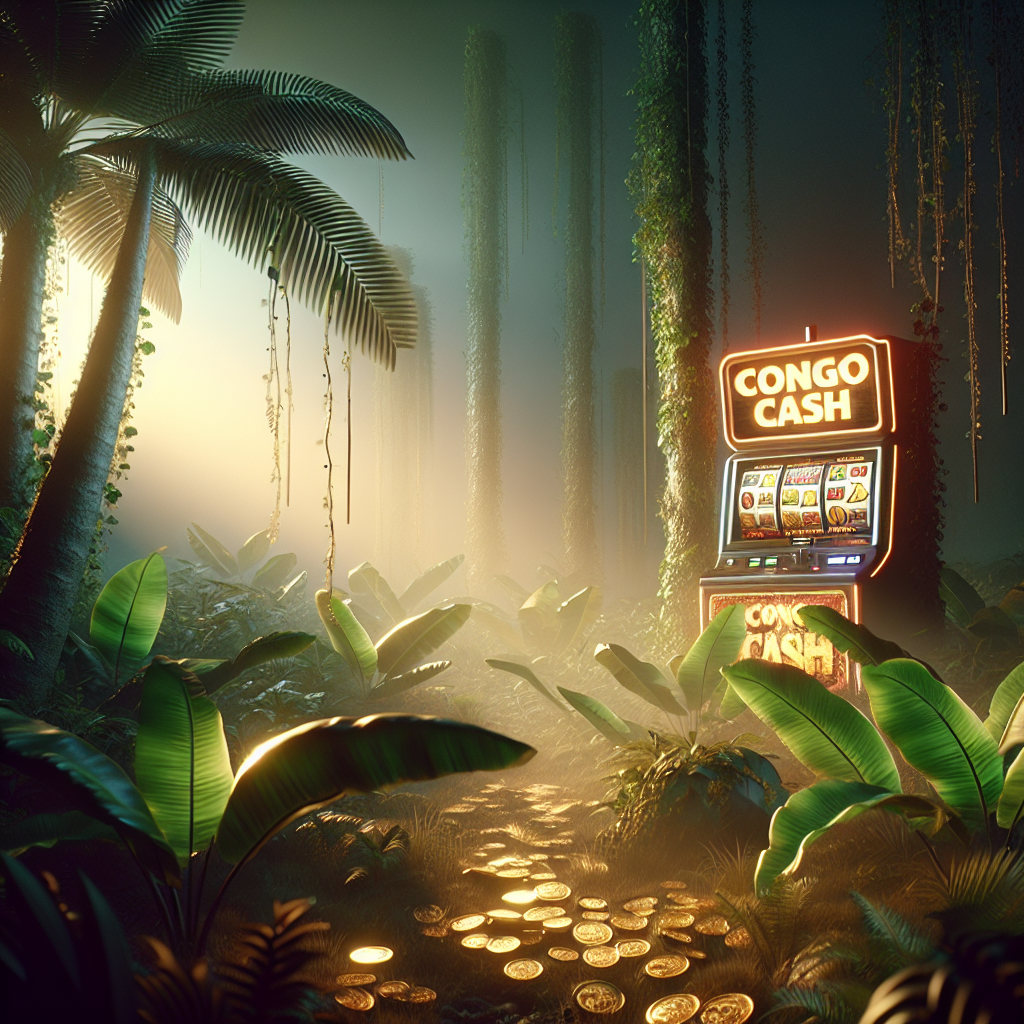 Banner de la tragamonedas Congo Cash, fondo de jungla africana y tragamonedas iluminada al amanecer