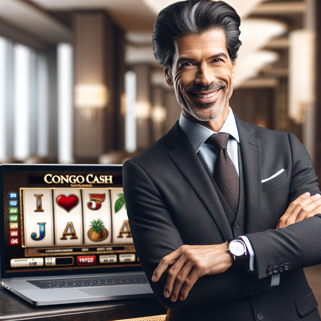 Hamza Tariq, experto en casinos online, sonríe junto a Congo Cash tragamonedas en pantalla