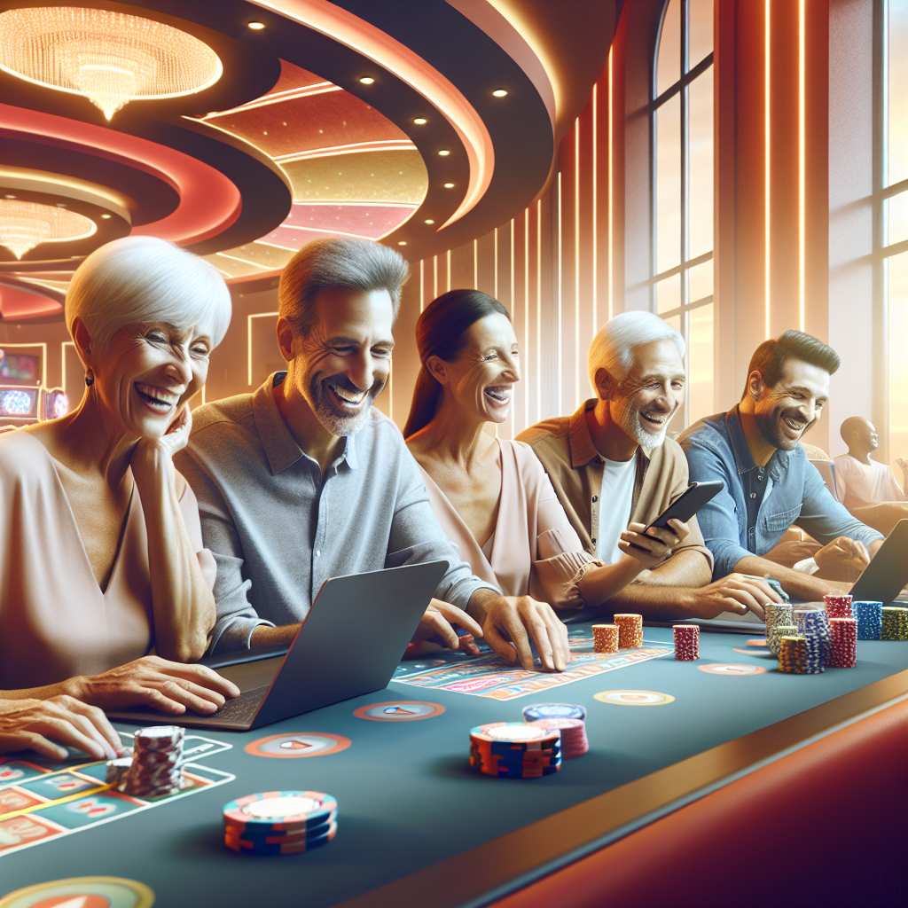 Personas disfrutando de juegos online de manera responsable en Betwarrior, ambiente alegre y seguro