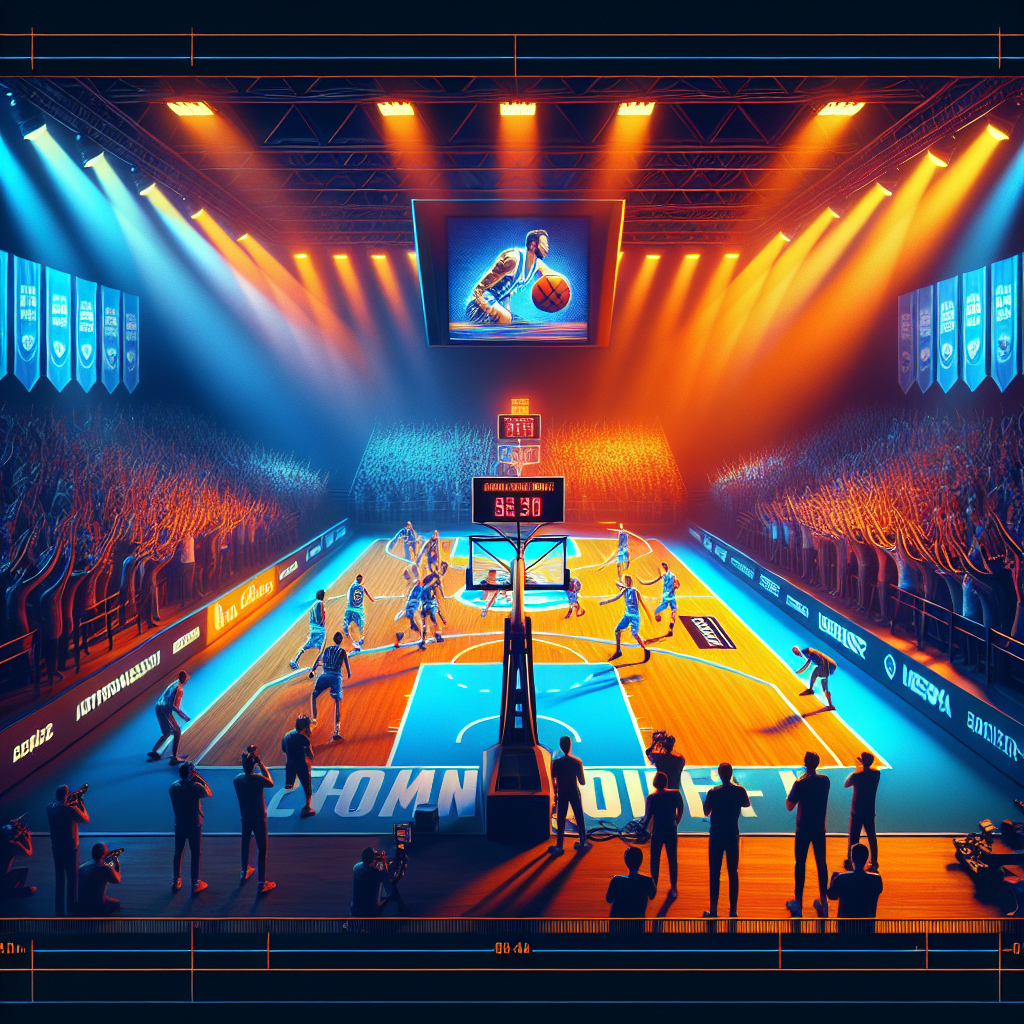 Banner de apuestas BetWarrior PBA, estadio de baloncesto iluminado y jugadores argentinos.